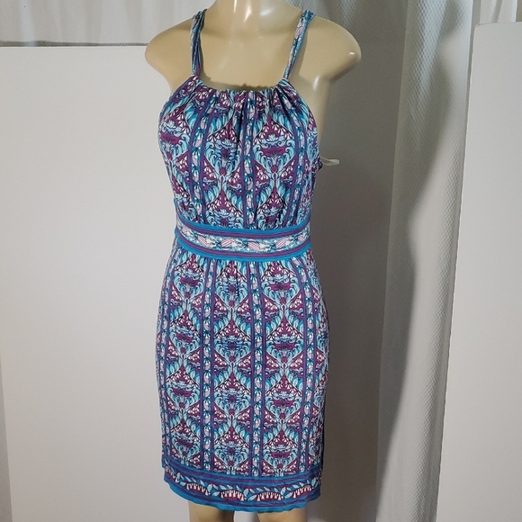 NWT Studio M Elegant Blue and Purple Patterned Dress Size S - Picture 1 of 13